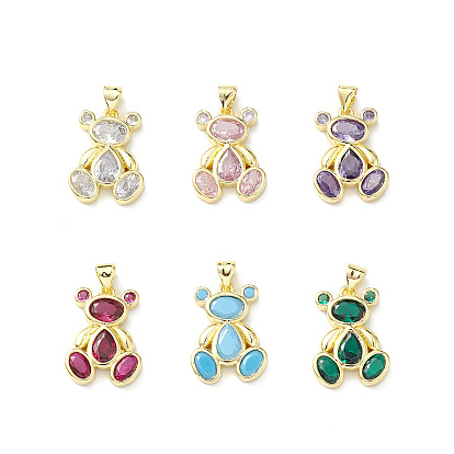 Rack Plating Brass Micro Pave Cubic Zirconia Pendants, Lead Free & Cadmium Free, Bear Charm, Real 18K Gold Plated