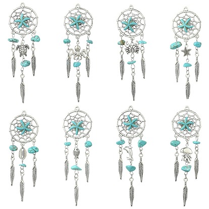16Pcs 8 Styles Alloy & Synthetic Turquoise Pendants