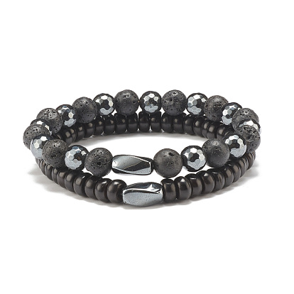 2Pcs 2 Style Natural Lava Rock & Coconut & Synthetic Hematite Beaded Stretch Bracelets Set, Essential Oil Gemstone Jewelry for Men Women