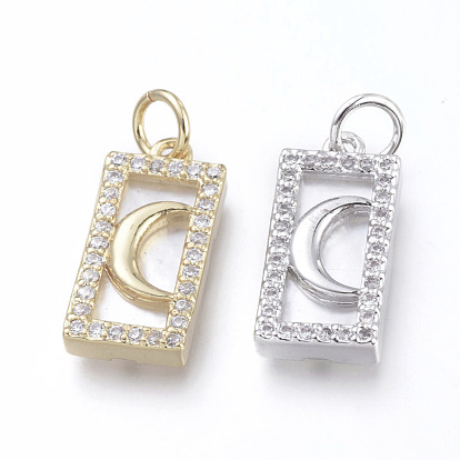 Brass Micro Pave Cubic Zirconia Pendants, with Jump Rings and Natural Shell, Long-Lasting Plated, Cadmium Free & Lead Free & Nickel Free, Rectangle with Moon, Clear