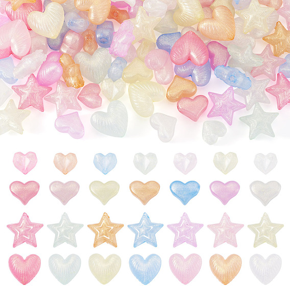 100 шт. 4 стили светящиеся прозрачные акриловые бусины, Сердце и звезда, с блеском порошок
