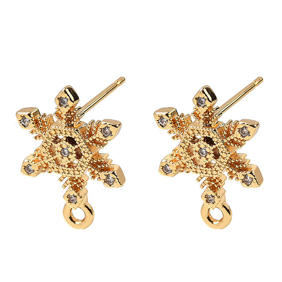 Фурнитура для сережек-гвоздиков из латуни с микропаве из кубических цирконий в виде снежинок, с петлей, долговечный, без никеля , реальный 18 k позолоченный