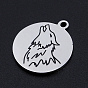 201 Stainless Steel Etched Pendants, Howling Wolf Pendants, Flat Round with Wolf