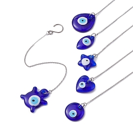 6Pcs 6 Styles Glass Evil Eye Pendant Decorations, with 304 Stainless Steel Cable Chains and Stainless Steel S-Hook Clasps, Mixed Shapes