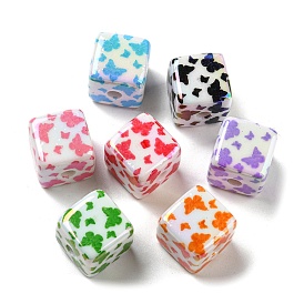UV Plating Opaque Acrylic Beads, Iridescent, Cube with Butterfly