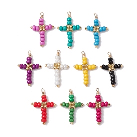 Glass Seed Beads Pendants, with Golden Brass Findings, Cross