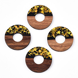 Opaque Resin & Walnut Wood Pendants, Donut/Pi Disc Charms with Paillettes