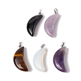 Natural & Synthetic Gemstone Pendants, with Platinum Tone Brass Findings, Moon Charm