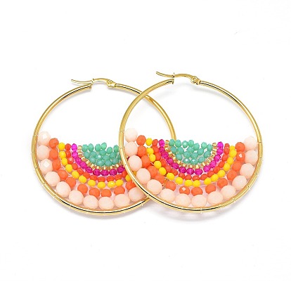 Серьги из 304 нержавеющей стали, серьги-кольца с бусинами, со стеклянными бусинами, плоско-круглые