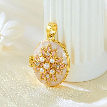 Латунные подвески с микропаве из прозрачного кубического циркония, с эмалью, овальные с цветком