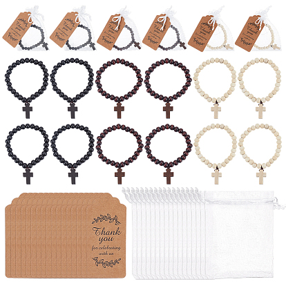 24шт. браслеты с подвесками в виде деревянных крестиков, круглые браслеты из бусин стрейч, с 24шт. подарочные бирки из крафт-бумаги, 24 подарочные пакеты из органзы