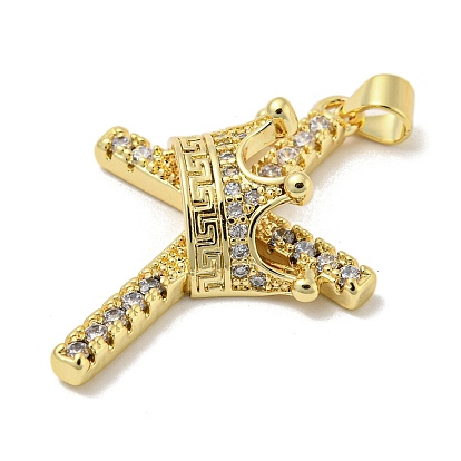 Rack Plating Brass Micro Pave Cubic Zirconia Pendants, Long-Lasting Plated, Lead Free & Cadmium Free, Cross with Crown Charms, Religion