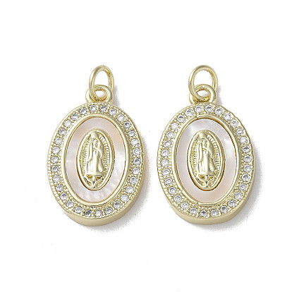 Brass Micro Pave Cubic Zirconia Pendants, with Shell, Virgin Mary Pattern, Real 18K Gold Plated