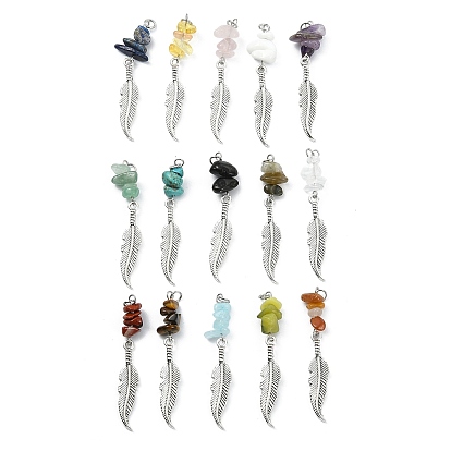 15 piezas 15 colgantes grandes con cuentas de cristal y piedras preciosas mixtas de color natural y sintético, dijes de plumas de aleación