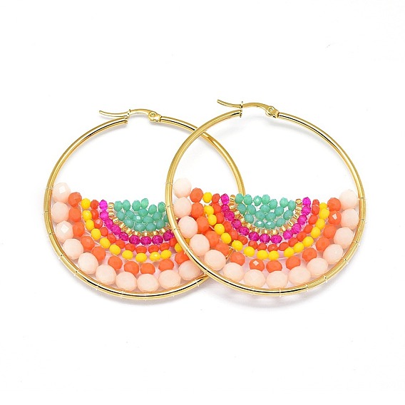 Серьги из 304 нержавеющей стали, серьги-кольца с бусинами, со стеклянными бусинами, плоско-круглые