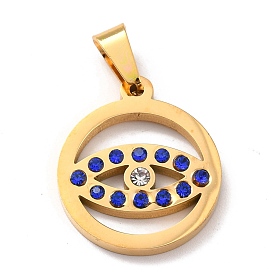 304 Stainless Steel Pendants, with Rhinestone and 201 Stainless Steel Bails, Round Ring with Eye