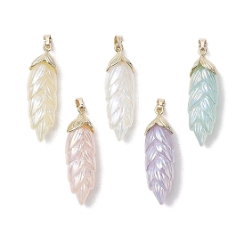 Rainbow Iridescent Plating Resin Pendants, Glitter Leaf Charms with Golden Plated Brass Snap on Bails