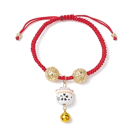 Adjustable Fortune Cat Handmade Porcelain Charm Bracelets, Coin Round Ball Brass Nylon Braided Bead Bracelets for Women