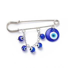 Handmade Lampwork Evil Eye Charms Lapel Pin, Iron Safety Pin Brooch with Brass Tassel for Collar Scarf