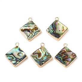 Natural Paua Shell Pendants, Rhombus Charms with Brass Edge