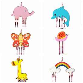DIY Animal Unfinished Wood Wind Chime Making Kits, including Sticker, Silver Color Thread, Pencil Brushes, Color Rope and Iron Tubes