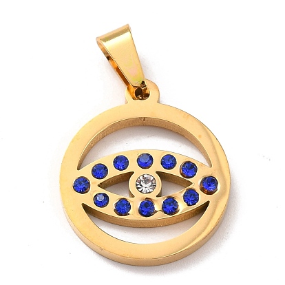 304 Stainless Steel Pendants, with Rhinestone and 201 Stainless Steel Bails, Round Ring with Eye