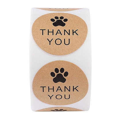 Thank You Stickers Roll, Round Kraft Paper Footprint Pattern Adhesive Labels, Decorative Sealing Stickers for Christmas Gifts, Wedding, Party