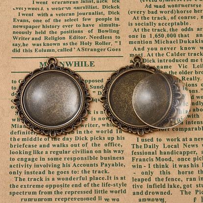 DIY Pendant Making, Tibetan Style Alloy Pendant Cabochon Settings and Transparent Glass Cabochons, Flat Round