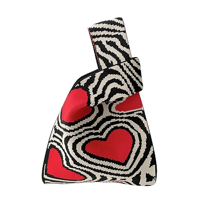 Polyester Heart Print Knitted Tote Bags, Cartoon Crochet Handbags for Women