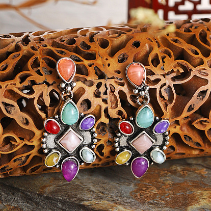 Fashion Red Agate Turquoise Mixed Color Gemstone Earrings - Vintage, Natural Stone, Exaggerated Ear Drops.