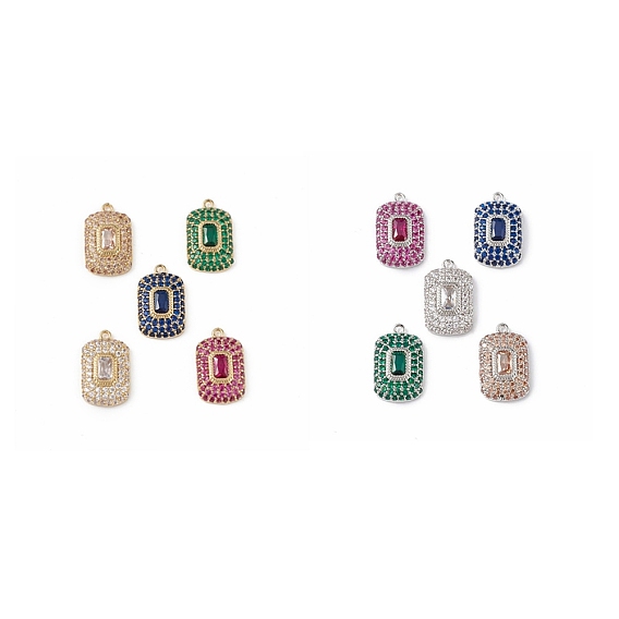 Rack Plating Brass Micro Pave Cubic Zirconia Pendants, Rectangle Charm, Cadmium Free & Lead Free, Long-Lasting Plated