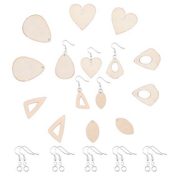 DIY baumeln Ohrringe Schmuck, mit Holz-Anhänger, Messingohrhaken und offene Biegeringe, Pferdeauge & Dreieck & Träne & Herz