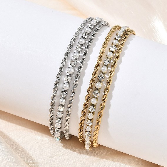 304 Двухслойный браслет из нержавеющей стали с цепочкой из страз для женщин, плоско-круглые, со стразами и пластиковыми бусинами, имитирующими жемчуг