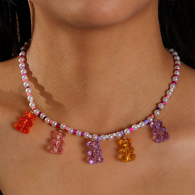Милое и классное ожерелье с плюшевым мишкой для девочек в европейском и американском стиле, цепочка на шею с имитацией жемчуга.