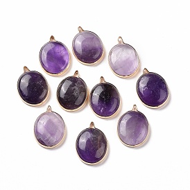 Natural Amethyst Pendants, with Brass Findings, Oval Charms