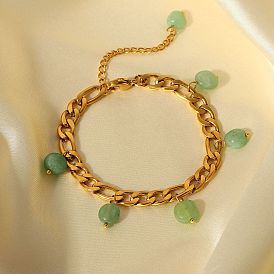 Vintage Green Stone Tassel Pendant Franco Chain Bracelet in 18K Gold Stainless Steel