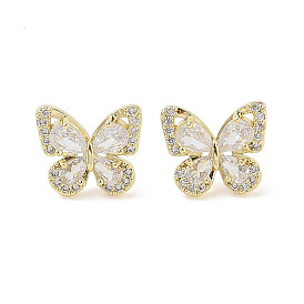 Butterfly Brass Micro Pave Clear Cubic Zirconia Stud Earrings with Glass for Women