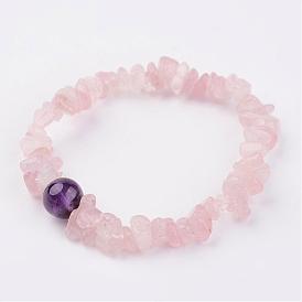 Natural Rose Quartz Stretch Bracelets, with Amethyst Beads