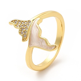 Cubic Zirconia & Enamel Double Whale Tail Shape Open Cuff Ring, Brass Jewelry for Women