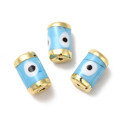 Handmade Evil Eye Lampwork Beads, with Light Gold Tone Brass Findings, Long-Lasting Plated, Lead Free and Cadimum Free, Column