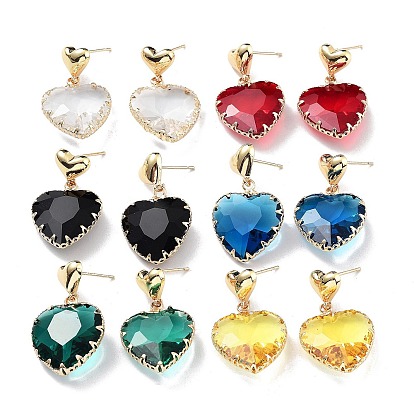 Light Gold Brass Stud Earrings, Glass Heart Drop Earrings