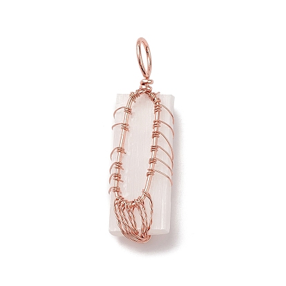 Copper Wire Wrapped Natural Selenite Big Pendants, Cadmium Free & Lead Free, Rectangle Charm
