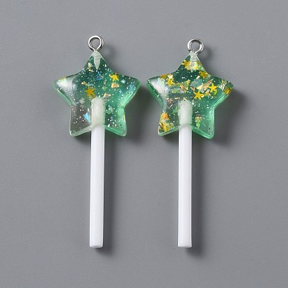 Transparent Resin Pendants, Imitation Food, with Glitter Powder and Platinum Tone Iron Loops, Star Lollipop