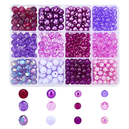 600Pcs 12 Style Purple Series Transparent & Imitation Pearl Round Acrylic/Plastic Beads