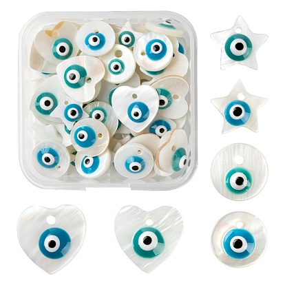 60Pcs 6 Style Natural Freshwater Shell Charms, with Enamel, Star & Heart & Flat Round with Evil Eye