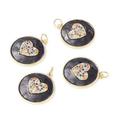 Eco-friendly Brass Micro Pave Colorful Cubic Zirconia Pendants, with Enamel and Jump Ring, Lead Free & Cadmium Free & Nickel Free, Flat Round with Heart