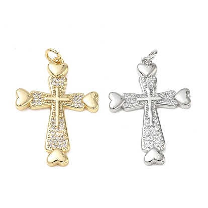 Latón micro pavimenta claro colgantes de circonio cúbico, cruz con encantos de corazón, sin plomo y cadmio, chapado en rack, larga duración plateado