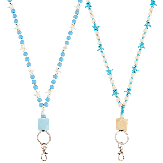 2 шт. 2 цвета цепочки из бусин из дерева, синтетического магнезита, синтетической бирюзы и синтетического говлита, ремешок на шею с ремешком для держателя удостоверения личности, морская звезда, платина