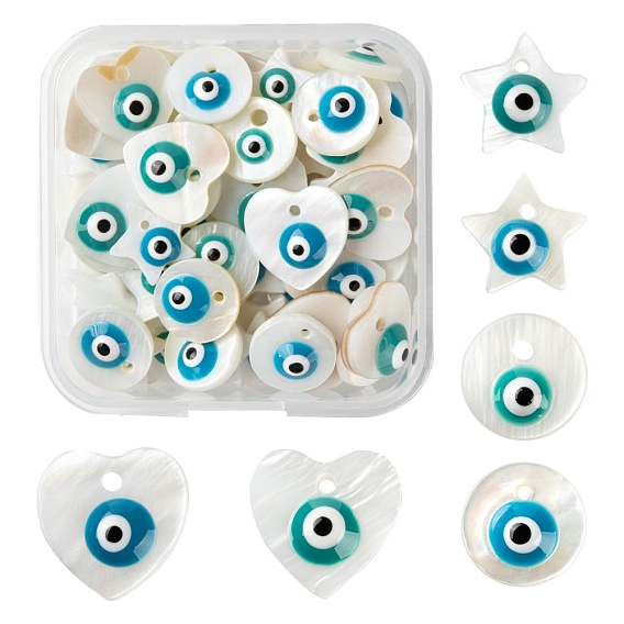 60Pcs 6 Style Natural Freshwater Shell Charms, with Enamel, Star & Heart & Flat Round with Evil Eye