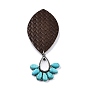 Imitation Leather Pendant, with Alloy Finding and Glass & Synthetic Turquoise Findings, Leaf